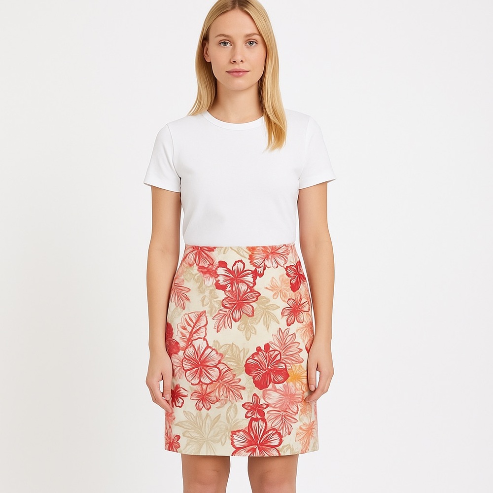 Versona Accessoires pencil skirt linen blend floral ecru  flattering waist small